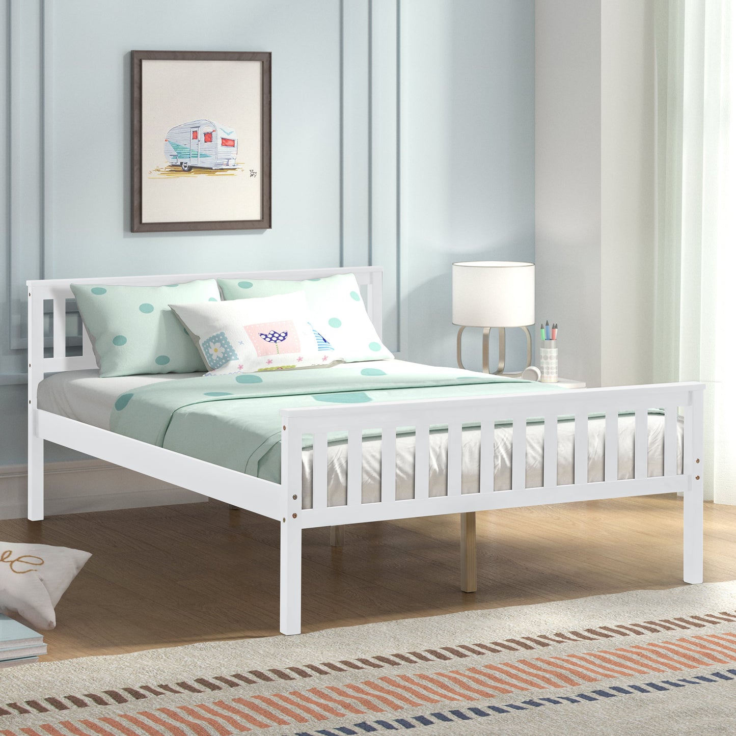 Wood Platform Bed Frame, Sesslife White Full Bed Frame with Headboard and Footboard, Wooden Slats and Center Legs, Full Size Bed No Box Spring Needed