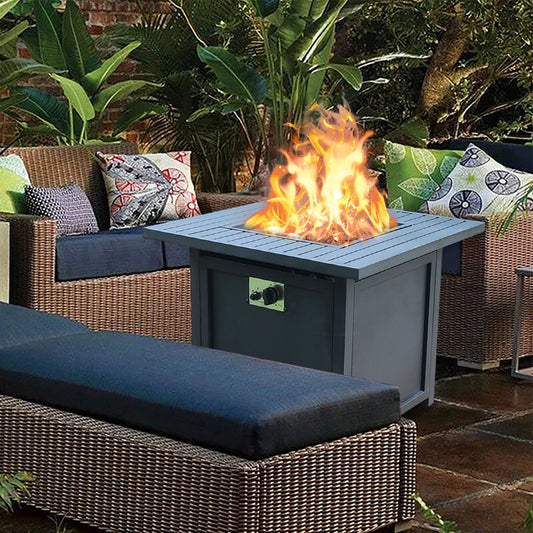 SESSLIFE Propane Fire Pit Table, 28 inch 50,000 BTU Square Outdoor Propane Fire Pit with Lid, Waterproof Cover, Lava Rack, Slat Table Top, Gas Fire Pit for Backyard Patio Garden, Black, X885