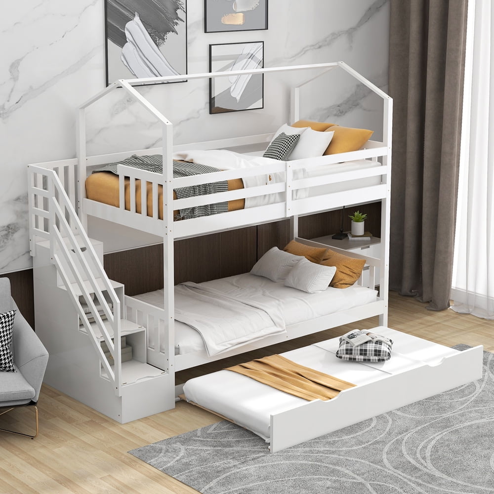 Sesslife Twin over Twin Wood Bunk Bed with Trundle, Kids House Bunk Bed with Guardrail, Storage Staircase, Wood House Bed for Kids, Teens, Easy Assemblem, White, X2927