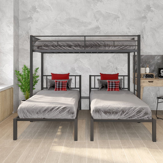 SESSLIFE Twin Over Double Twin Metal Bunk Bed, Kids Bunk Bed with Steel Slats Support, Guardrails and Ladder, Triple Bunk Bed Frame for Kids Dorm, Can be Divided into Three Bedframe, Black, X2842