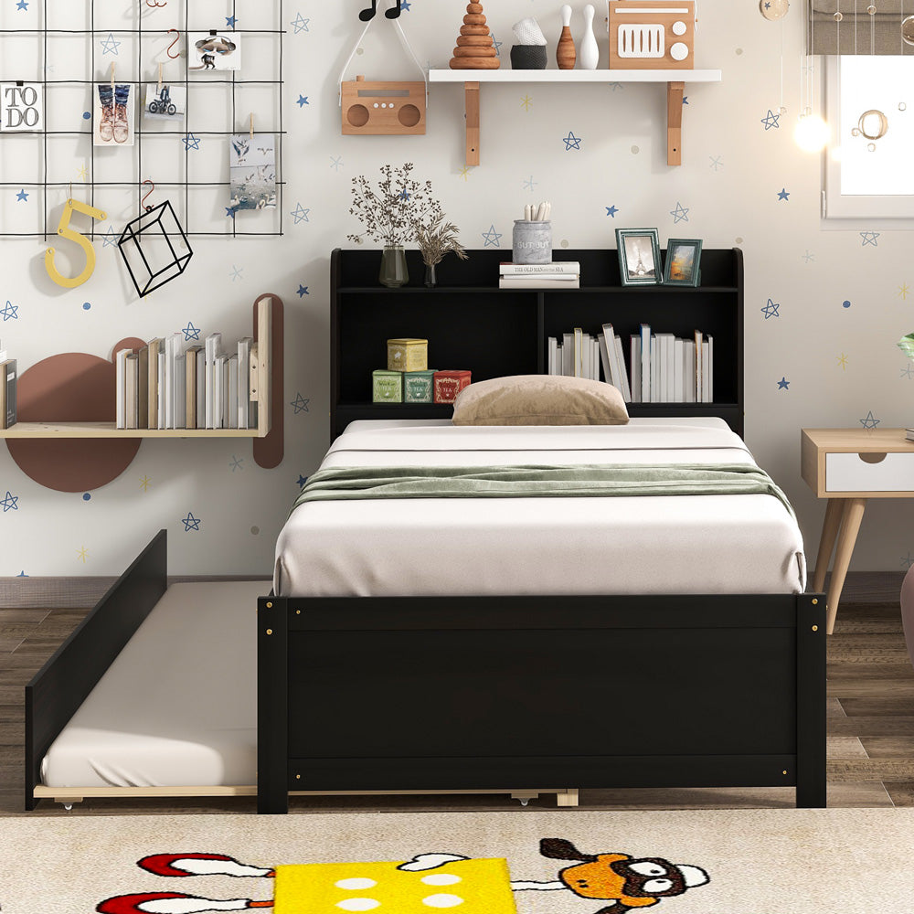 Sesslife Twin Bed with Trundle Bed, Twin Bed Frames with Bookcase Headboard, Wood Platform Bed with Storage, Twin Size Beds No Box Spring Needed, Twin Bed Frames for Kids Teens Adults, Espresso