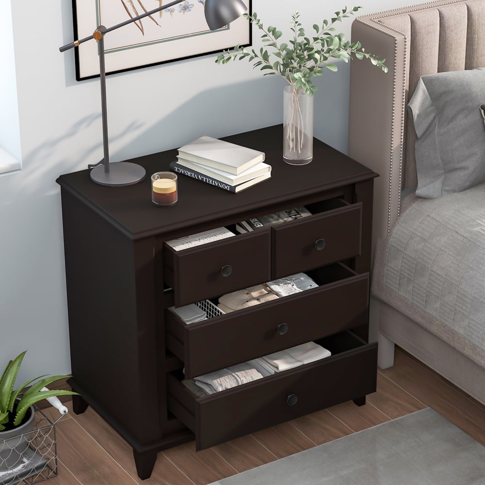 Sesslife Storage Dresser for Bedroom, Solid Wood Nightstand with 3 Drawers, Modern Bedside Table with Round Pull Handles, Rectangular Tall Side Table for Hallway Living Room Office, Espresso