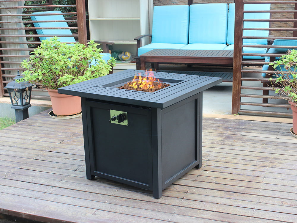 Propane Fire Pit Table, SESSLIFE 30 inch 50,000 BTU Square Outdoor Propane Fire Pit with Lid, Waterproof Cover, Lava Rack, Slat Table Top, Gas Fire Pit for Backyard Patio Garden, Brown, X899