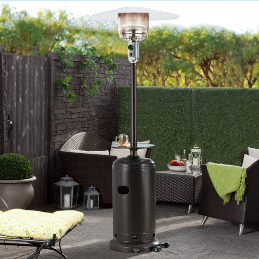 Sesslife Standing Outdoor Heater for Patio, Bronze Propane Gas Garden Heater with 47,000 BTU Output and Adjustable Table, CSA Certified, Portable Heater with Wheel for Christmas Party