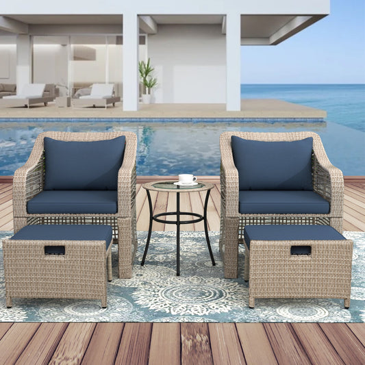 Sesslife Wicker Outdoor Furniture, 5 Piece Patio Conversation Set with 2 Stool, 2 Chair, Glass Table, Patio Dining Sets for Yard Lawn Pool, All-Weather Brown Rattan Bistro Set with Blue Cushion, X3168