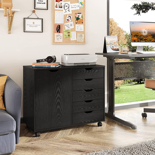 Storage Cabinet, Sesslife Wood Dresser with Doors and 5 Drawers, Adjustable Shelves, 360¡ã Swivel Casters, Modern Free Standing Organizer Chest of Drawer for Home Office, Black