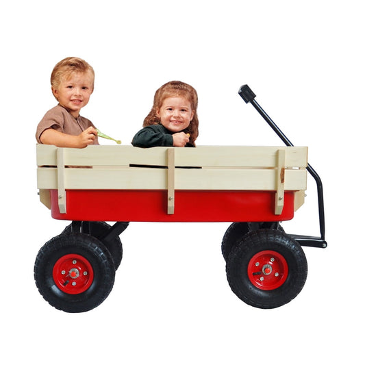 Sesslife Utility Outdoor Wagon Cart, All-terrain Wagon with 10" Air Tires and Extra-long Handle, Kids Wagon with 176 LB Capacity, Steel Beach Wagon with Removable Wooden Sides for Yard Garden, Red