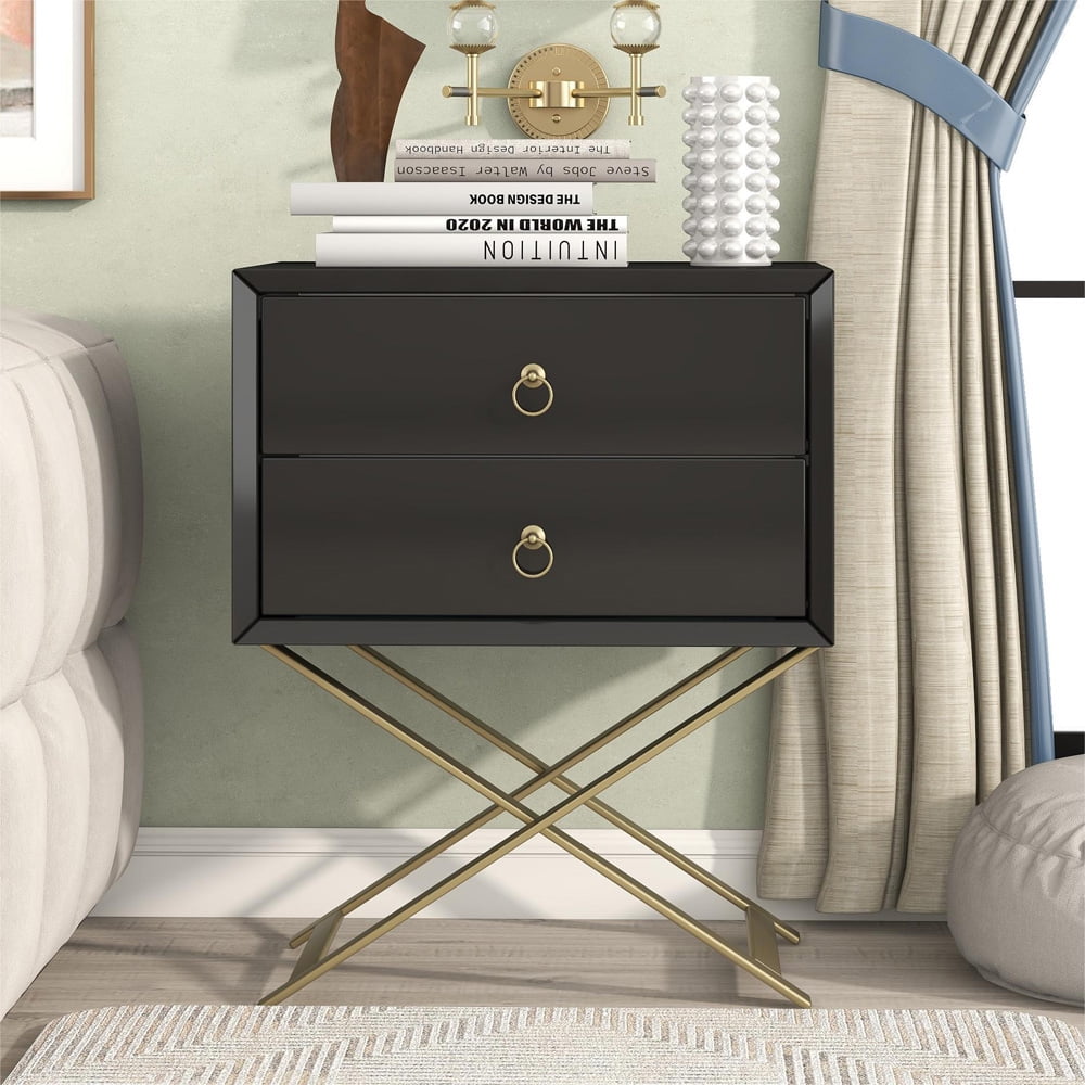 Sesslife Nightstand with 2 Drawers, Storage Bedside Table with Golden Handle and X-shape Legs, Modern and Retro Style Bedroom Furniture, Living Room End Side Table, Black