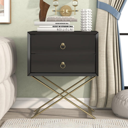 Sesslife Nightstand with 2 Drawers, Storage Bedside Table with Golden Handle and X-shape Legs, Modern and Retro Style Bedroom Furniture, Living Room End Side Table, Black