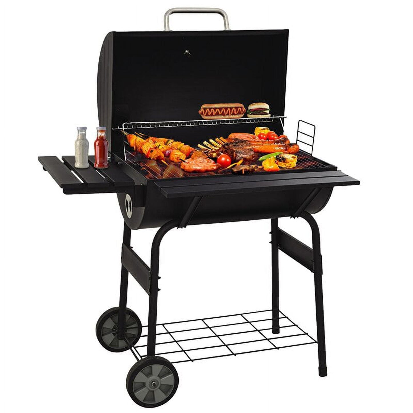 30-inch Charcoal BBQ Grill, SESSLIFE Barrel bbq Grill with Wheels and Side Table, Outdoor Grill & Smokers for Patio Backyard, Black, X737