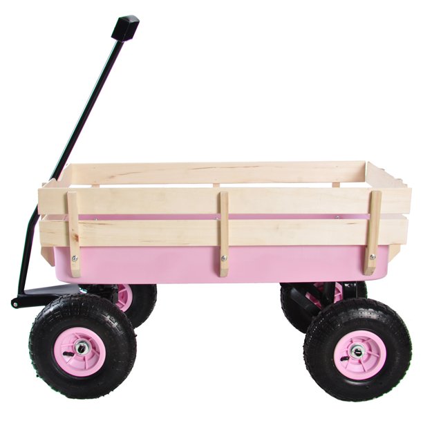 Steel Utility Cart with Removable Wood Sides, Sesslife Garden Wagon with 10" Tires, Extra-long Handle, 176-lbs. Capacity, Pink Wagons for Kids Adults Use, Outdoor All-terrain Beach Wagon, Pink