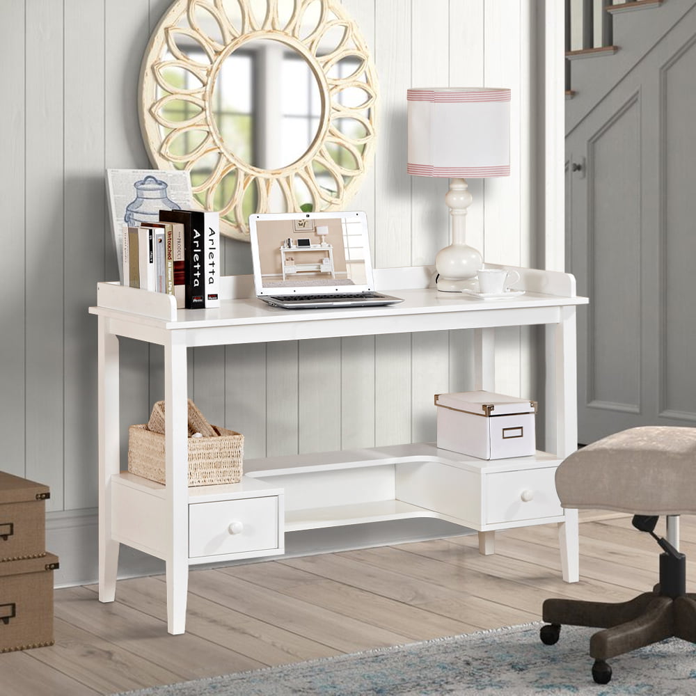 White Desk with Drawers, SESSLIFE Wood Writing Desk for Home Office Bedroom, Computer Desk with Open Shelf, Kids Desk Student Workstation, Study Table with Storage, X126