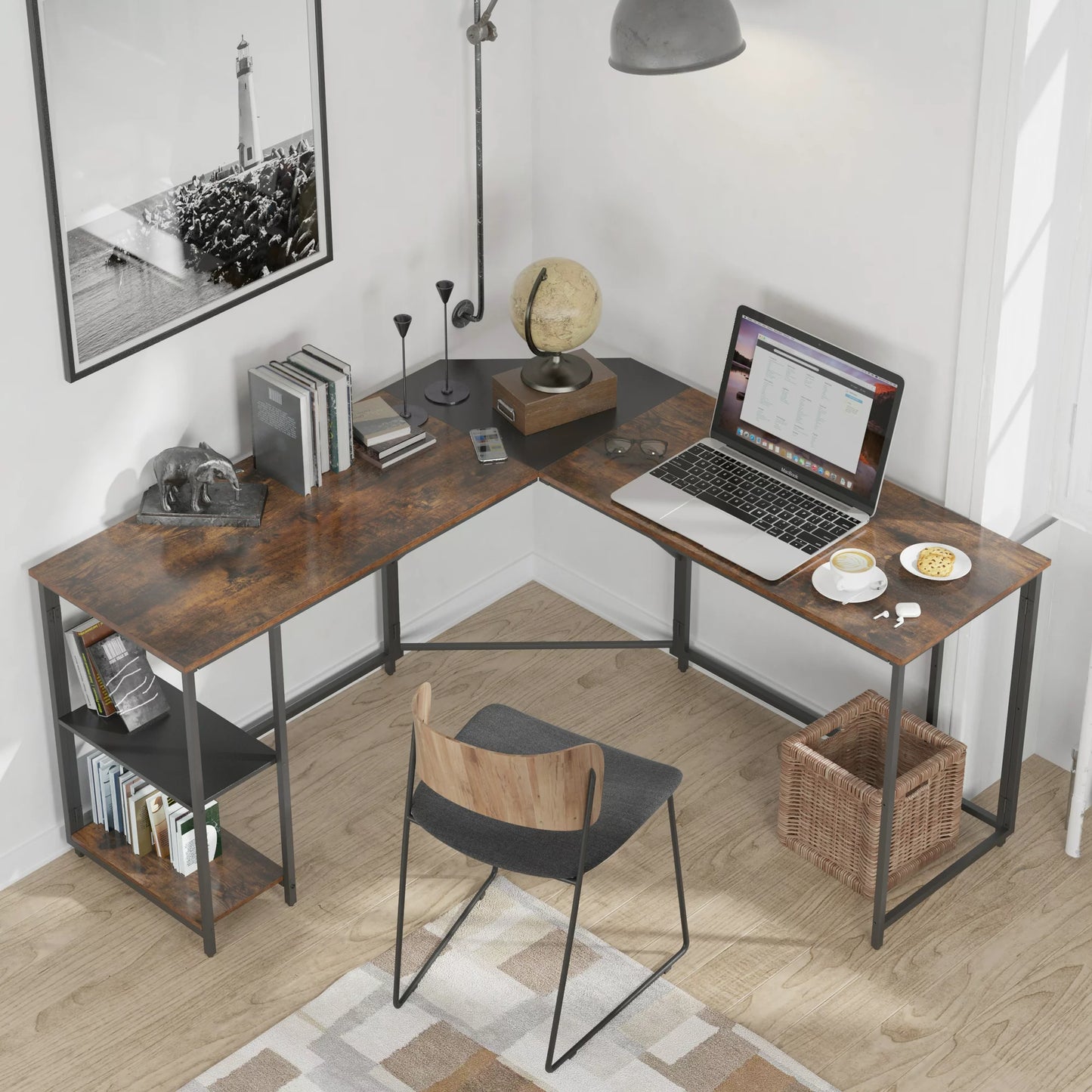 Large Computer L-Shaped Desk, White Writing L-Shaped Desk，Modern Study L-Shaped Desk with Metal Frame，Large 2 Person Table for Home Office Workstation