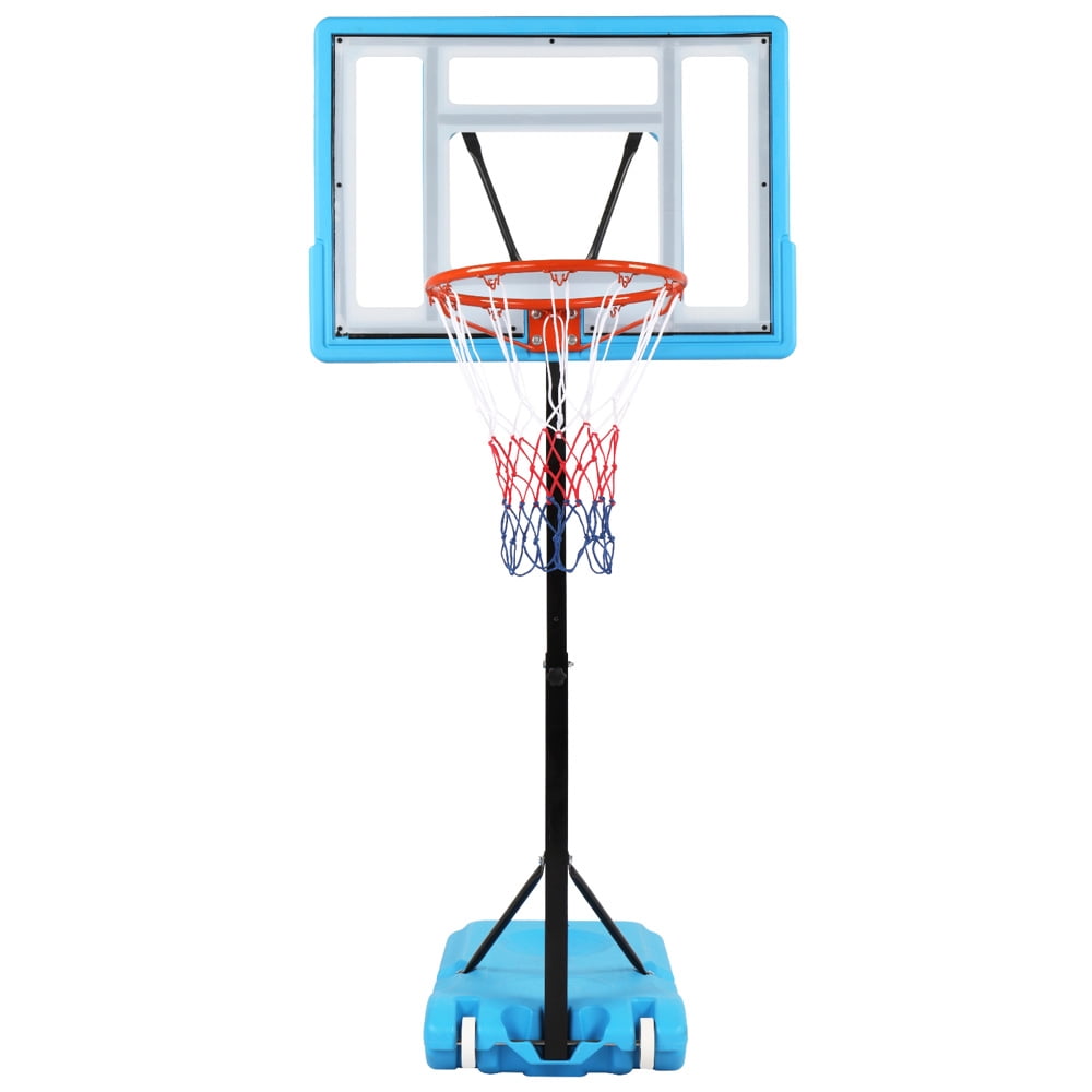 SESSLIFE Pool Basketball Hoop for Kids/Adults, 3.77-4.42ft Height Adjustable Basketball Goal with PVC Transparent Backboard & All-weather Nylon Net, Portable Basketball System with Wheels, Blue, X3017