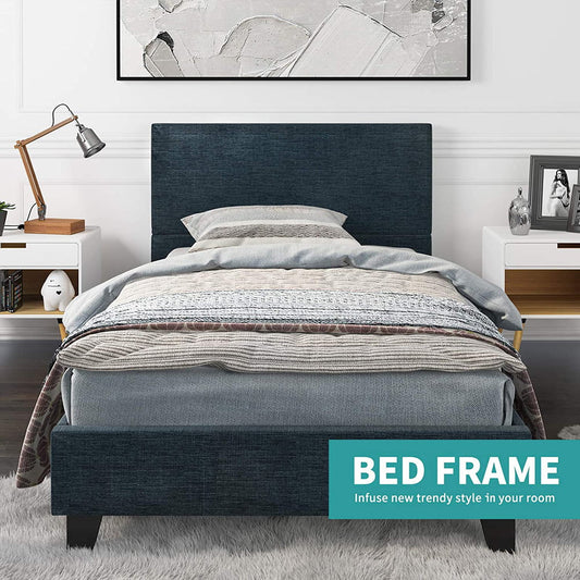 Twin Bed Frame with Headboard, SESSLIFE Upholstered Bed with Wooden Slats and Mattress Foundation, Metal Twin Size Platform Bed Frame for Bedroom Dorm, No Box Spring Needed, Blue, X2315