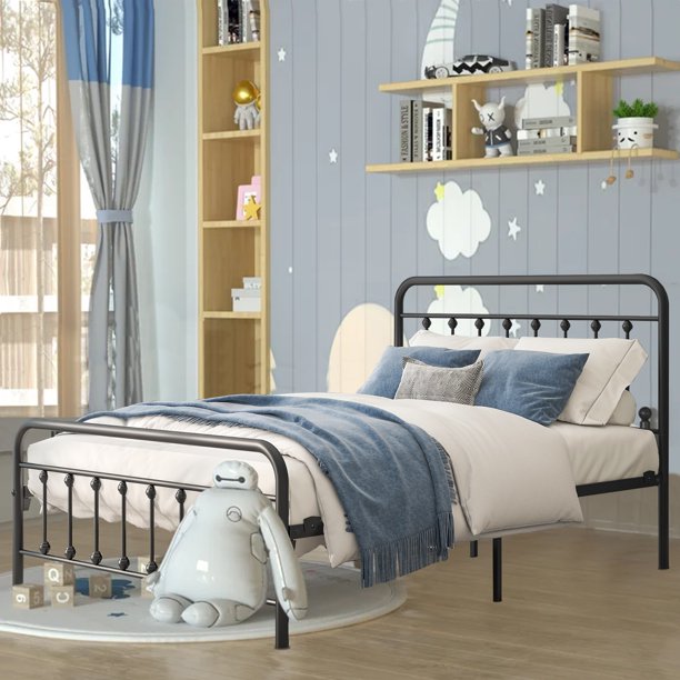 SESSLIFE Queen Size Bed Frame, Antique Queen Platform Bed Frame with Headboard and Footboard, Victorian Style Metal Platform Bed Frame with Slats Support, Black Bed Frame for Bedroom, X653