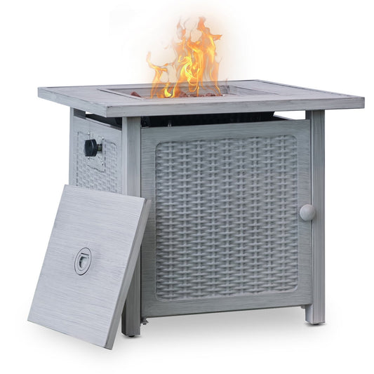 Propane Fire Pit Table, SESSLIFE 28 inch 50,000 BTU Square Outdoor Propane Fire Pit with Lid, Waterproof Cover, Lava Rack, Slat Table Top, Gas Fire Pit for Backyard Patio Garden, Light Gray, X897