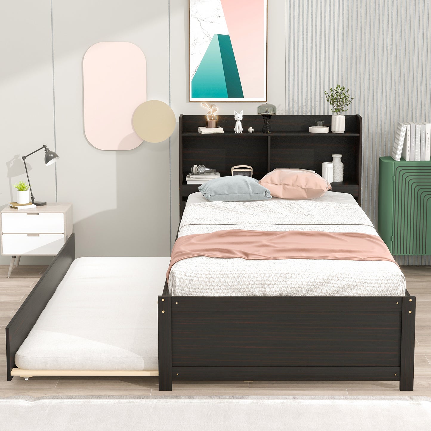 SESSLIFE Twin Size Bed Frame with Storage Headboard, Wood Platform Bed with Trundle, No Box Spring Needed (Twin, Gray)