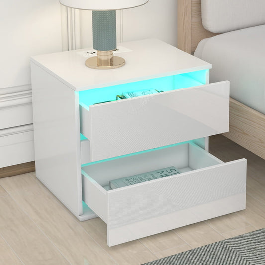 Sesslife Modern Nightstand with LED Light, USB Charging Ports and Outlets, Wood Bedside Table with Storage Drawers and Shelf for Bedroom Living Room, White