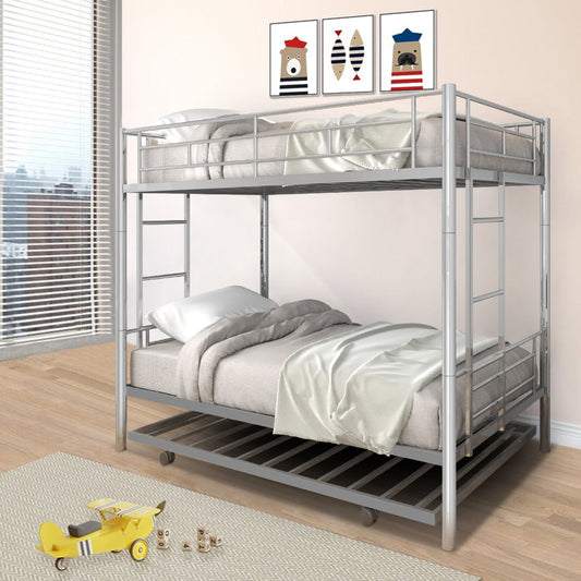 SESSLIFE Twin over Twin Bunk Beds with Trundle, Metal Bunk Bed Frame with Ladders and Full-length Guard Rail, Space Saving Bunk Beds for Kids Teens Guest Room, No Box Spring Needed, Silver, X2177