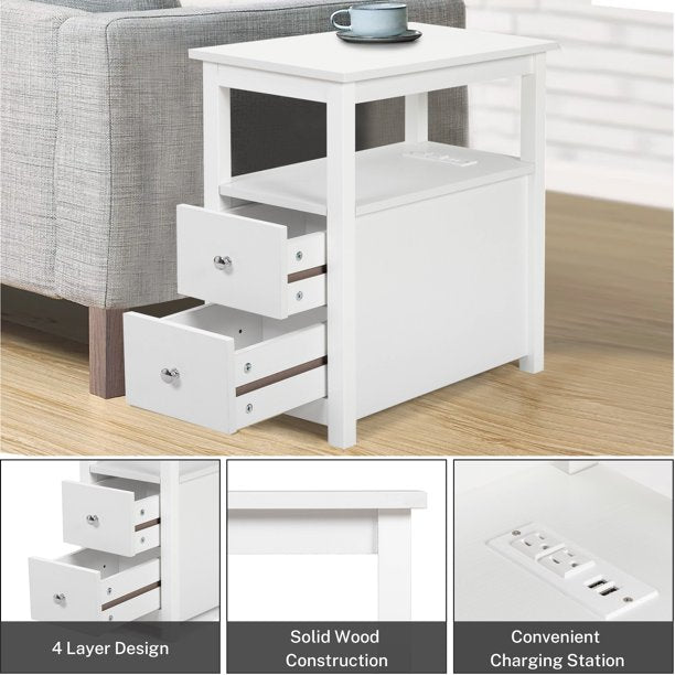 Narrow End Tables for Living Room, Sesslife Wood Storage Side Table with Two Drawers, Open Shelf, USB Ports and Power Outlets, White Sofa Table Nightstand for Bedroom, Modern Furniture