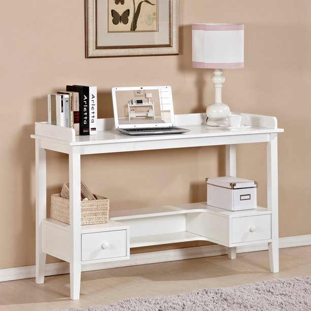 Wood White Home Office Writing Desk with 2 Drawers and Open Shelf