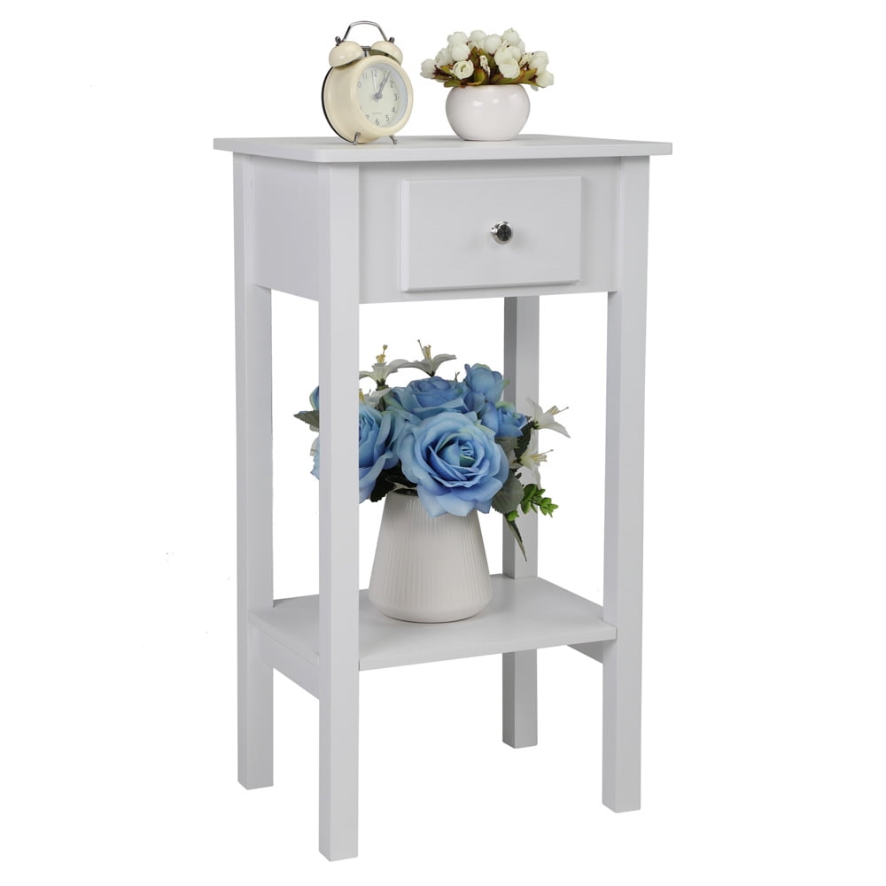 SESSLIFE Narrow End Table, 2-Tier Storage Nightstand with Drawer and Shelf, Wood Accent Table for Bedroom Living Room, Compact Modern Furniture Tall Bedside Table, White, X2325