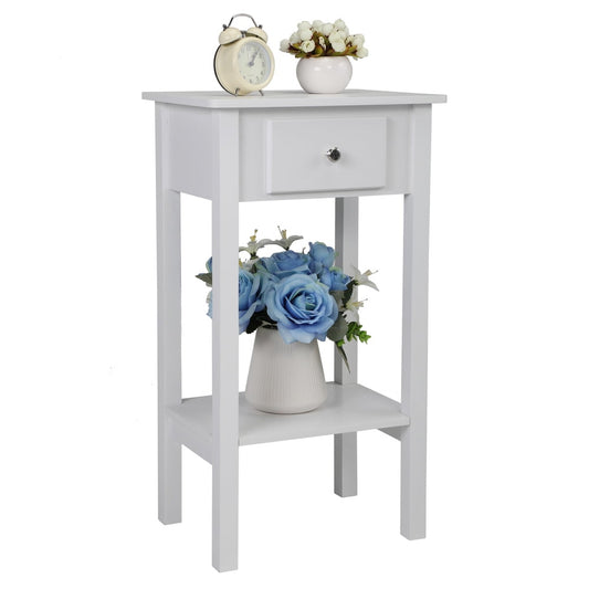 SESSLIFE Narrow End Table, 2-Tier Storage Nightstand with Drawer and Shelf, Wood Accent Table for Bedroom Living Room, Compact Modern Furniture Tall Bedside Table, White, X2325