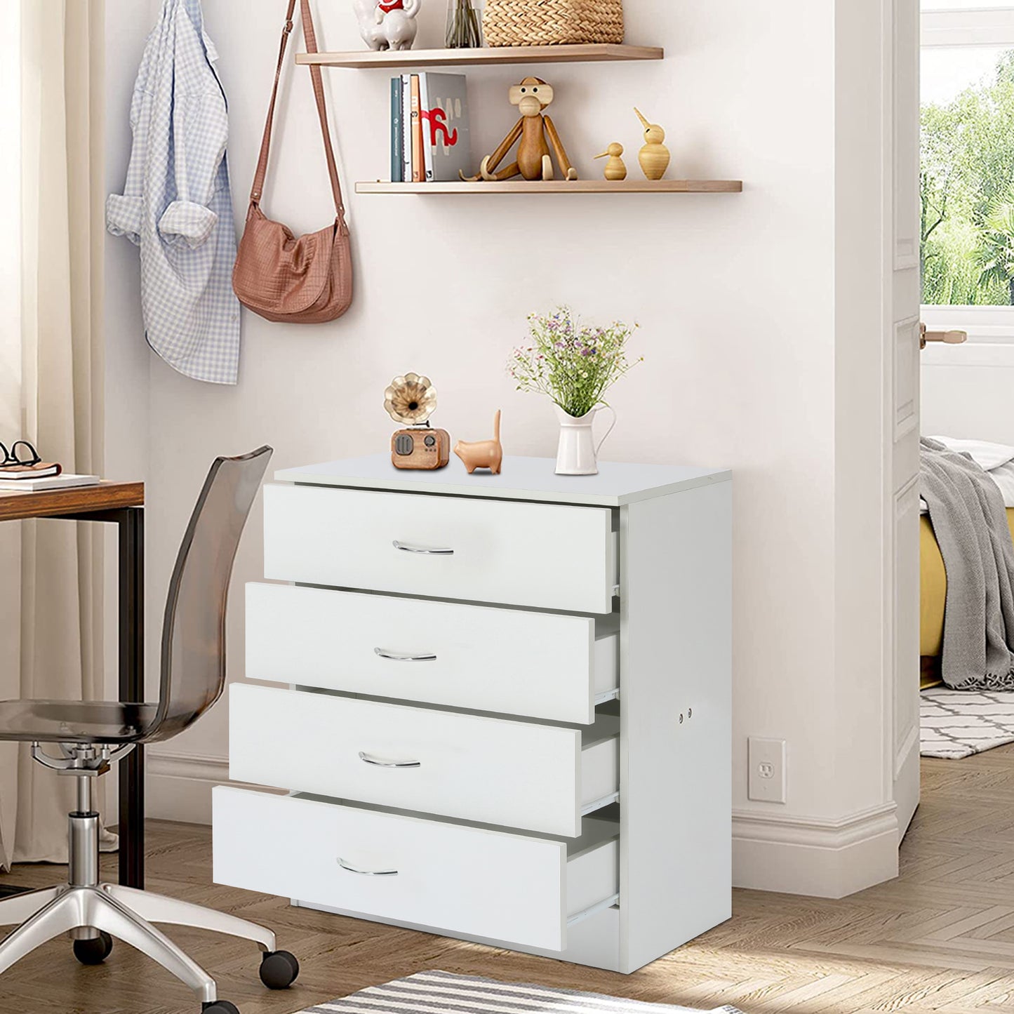 Dresser for Bedroom, Wood 4 Drawer Dresser Storage Drawer, White Living Room Hallway Closets Drawer Chest, DT43