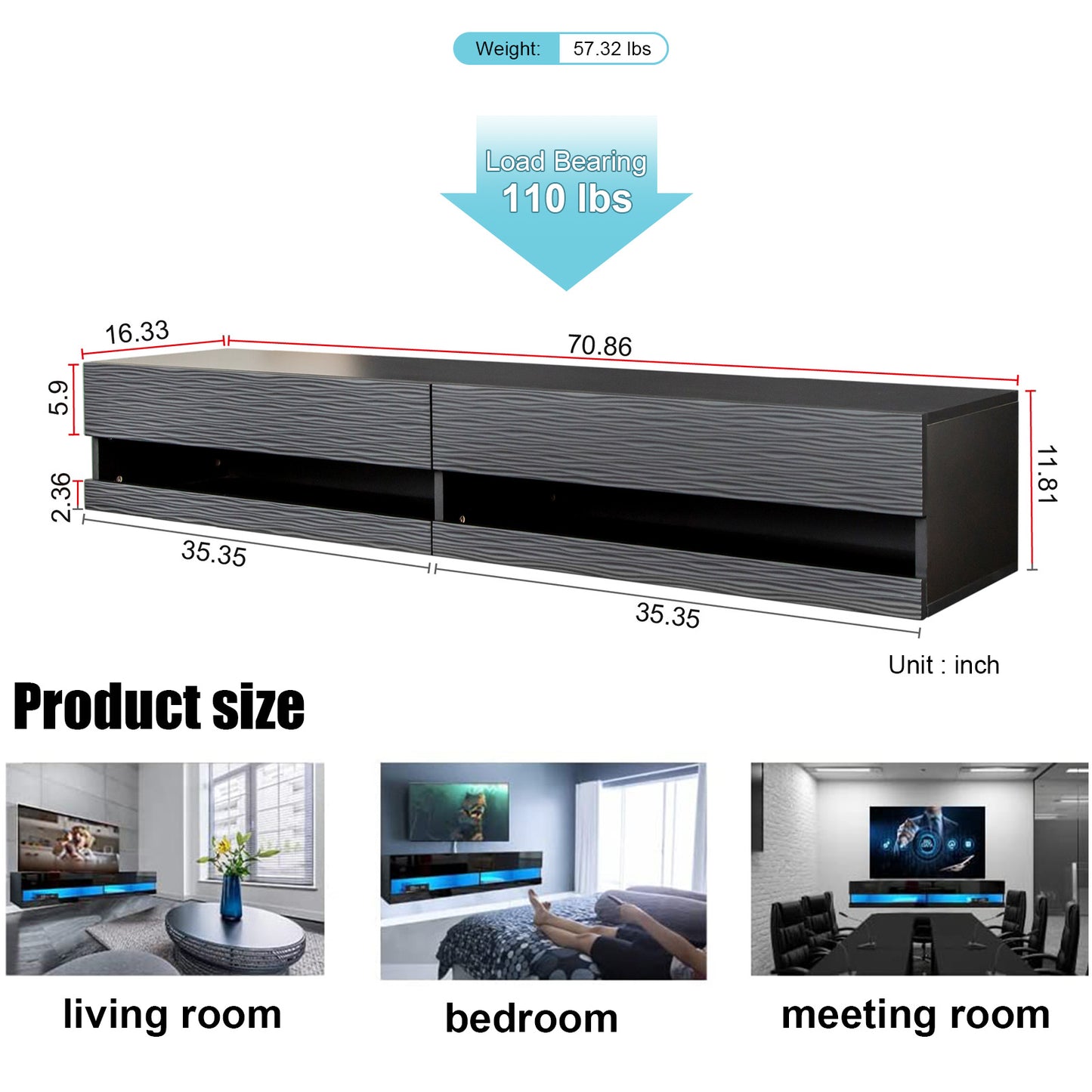 Sesslife Floating TV Stand Wall Mounted, LED Entertainment Center with Storage Cabinets, TV Stand for 80 Inch TV, Gaming Entertainment Center Console Table with Lights, Black