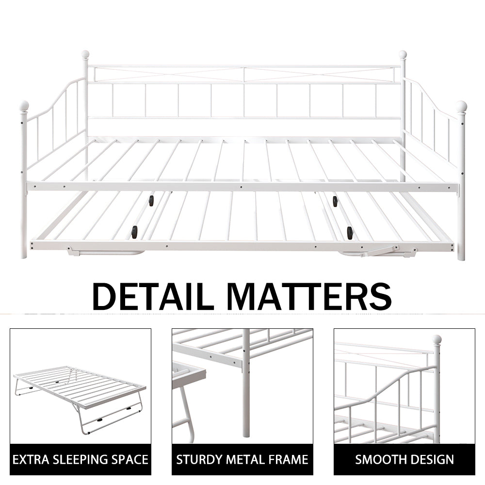 Sesslife Twin Size Daybed, Metal Sofa Bed with Adjustable Trundle, White