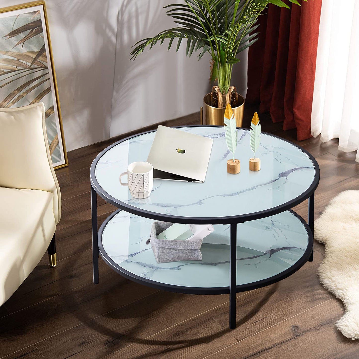 Sesslife 35 inches Round Coffee Table, 2-Tier Glass Round Coffee Table with Surface Top & Sturdy Metal Legs, Faux Marble Round Accent Side Coffee Table with Storage Open Shelf