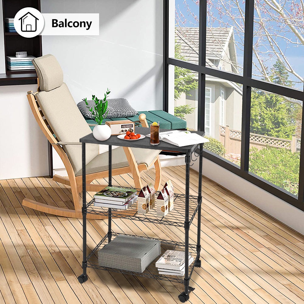 SESSLIFE 3 Tiers Kitchen Storage Cart, Kitchen Island with 4 Hooks, Black Oven Stand Coffee Bar with Metal Frame, Multifunctional Workstation for Kitchen, Living Room