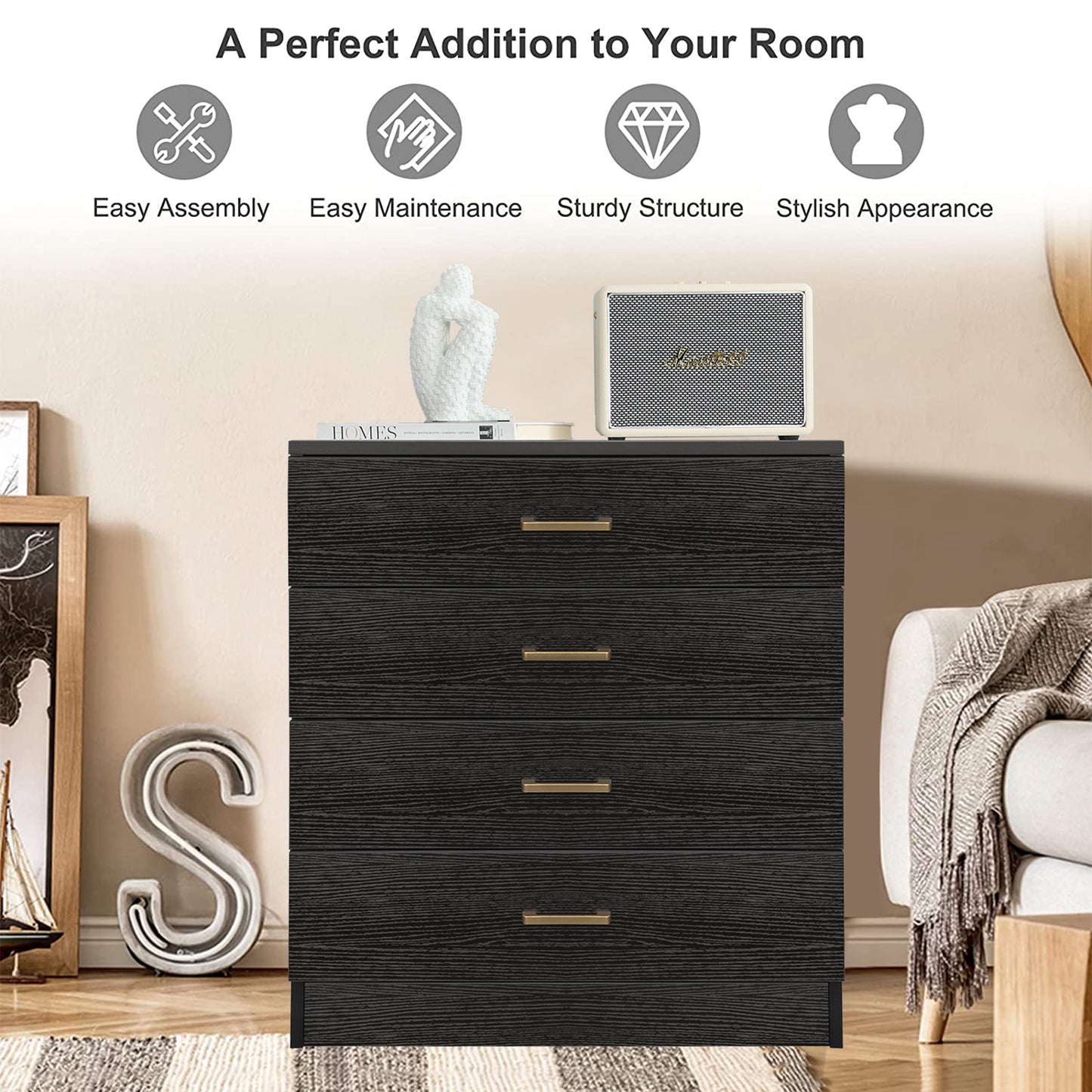 SESSLIFE 4 Drawer Chest, Wood Storage Dresser Cabinet, Craft Storage Organization, Makeup Drawer Unit for Closet, Bedroom, Office, White