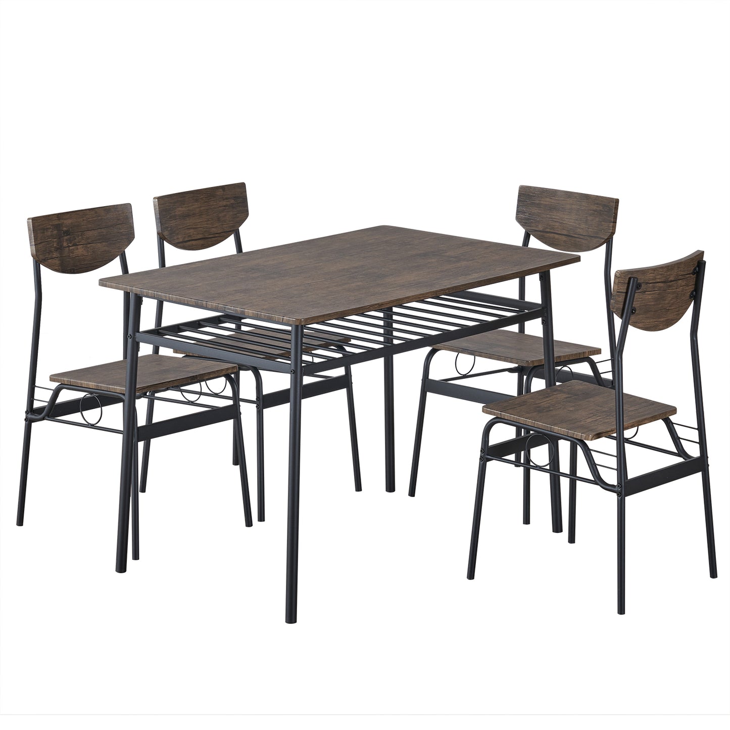 Dining Set for 4, Industrial Dining Room Table and Chairs Set, 5 Piece Wood Kitchen Rectangle Table and Chairs with Backrest Set, Patio Restaurant Bistro Table Set, Brown