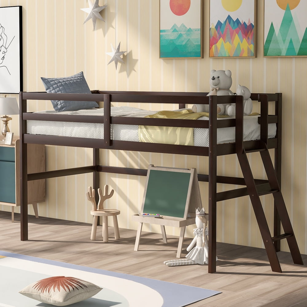 Low Loft Beds, SESSLIFE Twin Loft Bed with Ladder and Safety Guard Rails, Wood Twin Bed Frame No Box Spring Needed for Boys Girls, Kids Bedroom Furniture, Easy Assembly & Space Saving, Espresso