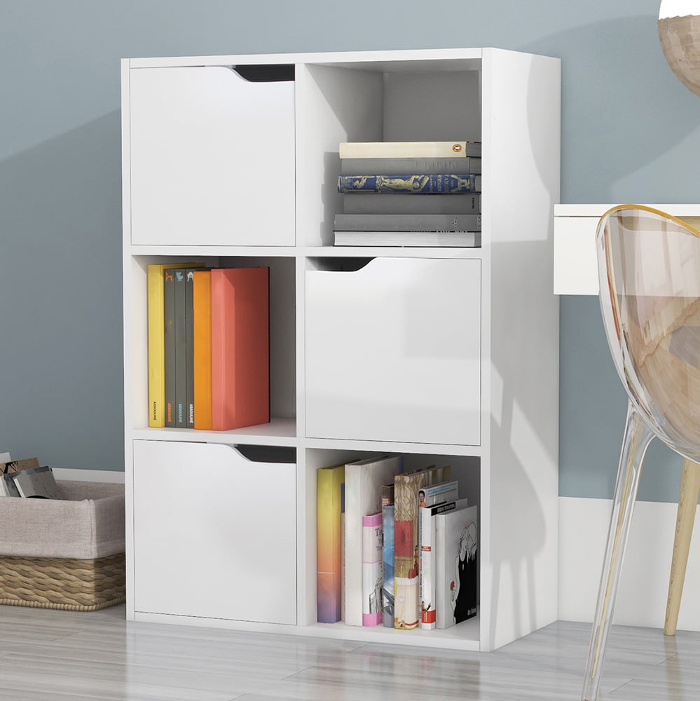 3 Cubes Bookshelf with Cabinet, Sesslife 3 Tier Modern Storage Bookcase, Wood Bookcase and Book Shelf for Living Room, Study, Office, White Bookshelf with Storage