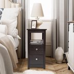 Narrow End Tables for Living Room, Sesslife Wood Storage Side Table with Two Drawers and Open Shelf, Brown Sofa Table Nightstand for Bedroom, Modern Furniture