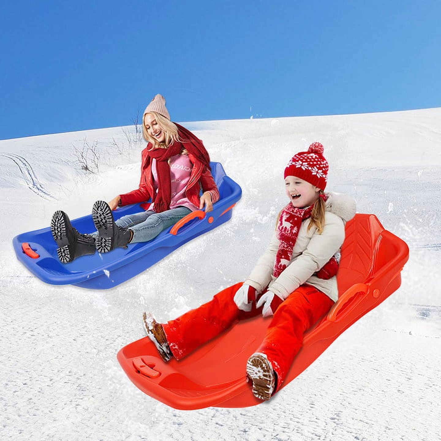 Plastic Sleds for Kids Teens, SESSLIFE 2 Packs Snow Sled with Pull Rope & 2 Brake, 35'' Long Durable Winter Sleds for Snow, Outdoor Toy for Two-Person, Blue & Orange