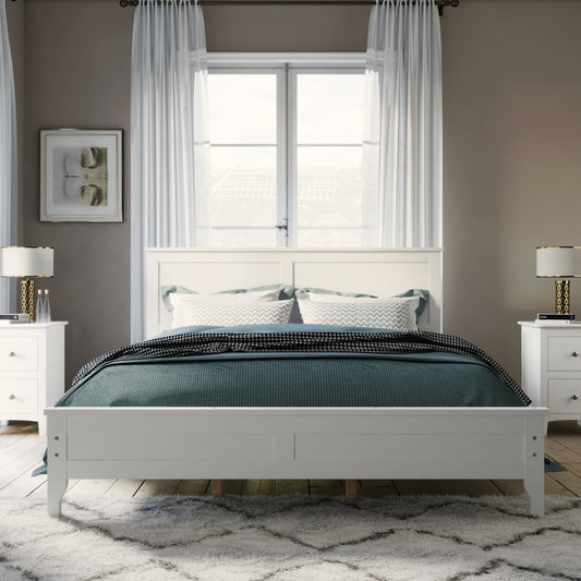 SESSLIFE Queen Bed Frames, White Queen Platform Bed with Headboard and Foot-board for Kids Teens, Wood Queen Bed with 10 Wooden Slats, No Box Spring Needed, Modern Bedroom Furniture, Queen Size, X2563