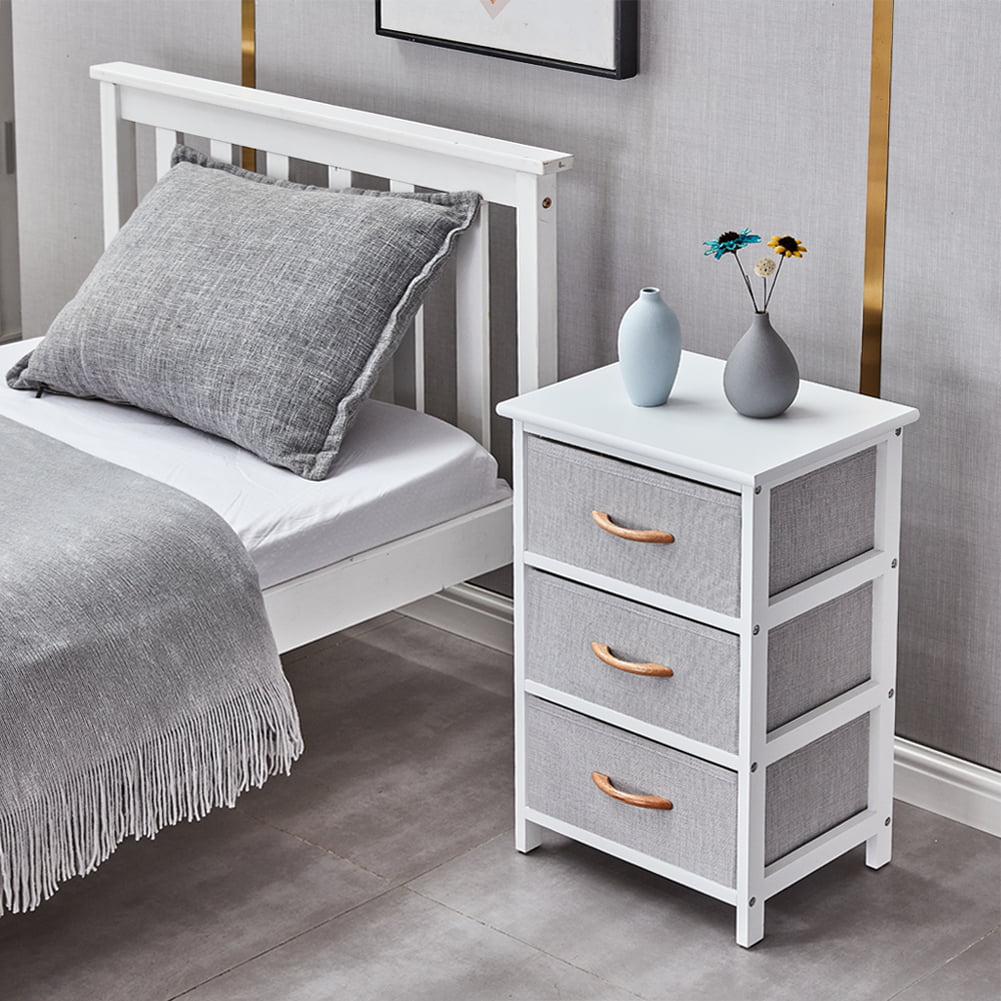 Dresser with 3 Fabric Drawers, SESSLIFE Storage Dresser for Bedroom Living Room Hallway, Wood Frame Night Stands with Wooden Tabletop, 3-Tier White Nightstand Bedside Table End Table, X1292