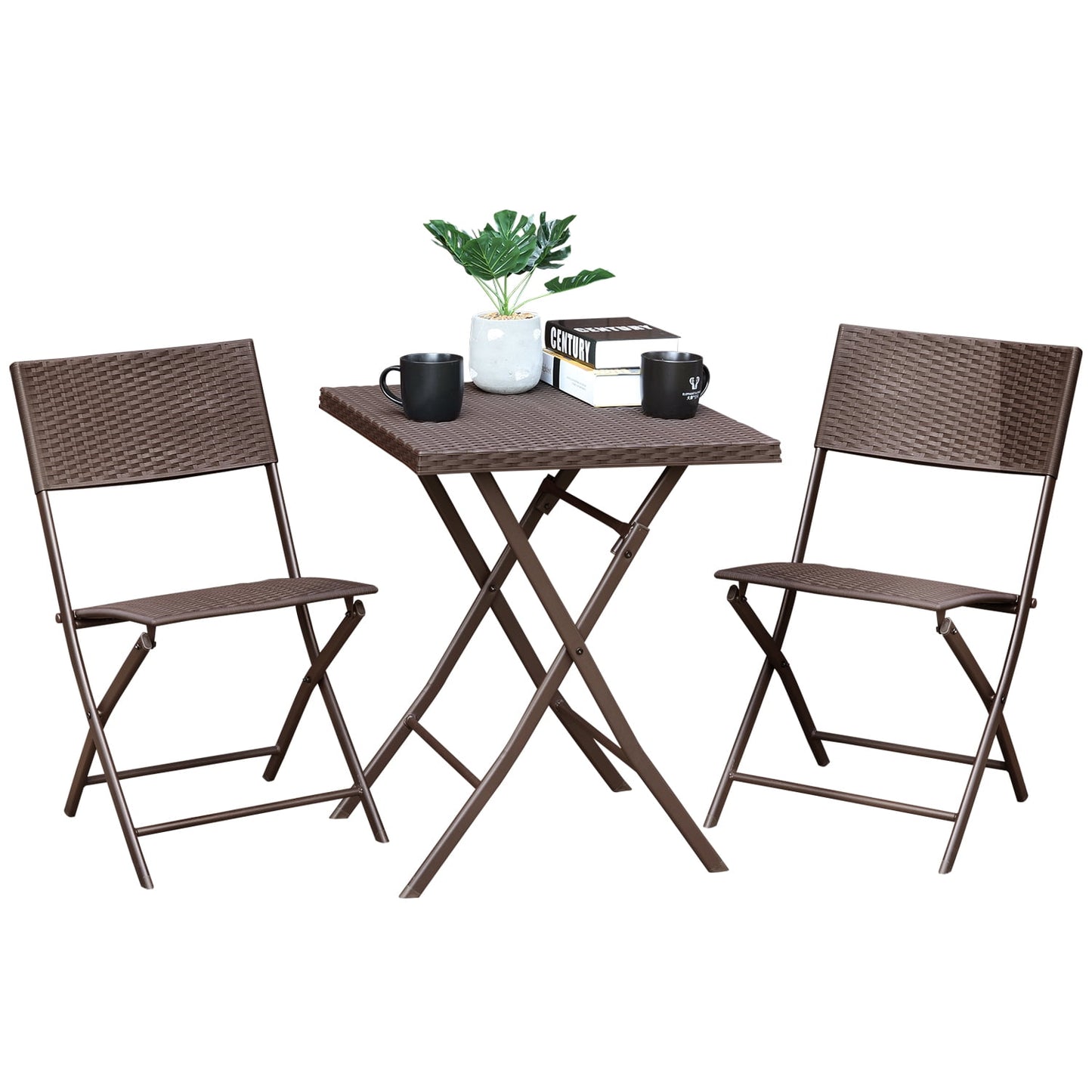 3 Piece Outdoor Bistro Set, SESSLIFE Patio Dining Set with 2 Chair and Square Table, Wicker Patio Furniture Set with Steel Frame for Garden Deck Balcony, Folding Bistro Table and Chairs, Brown, X1315