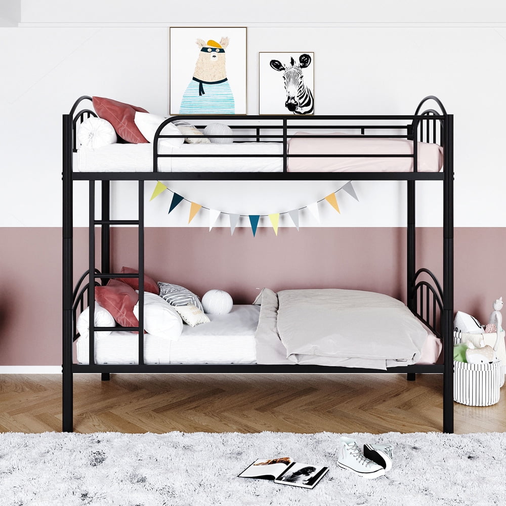 SESSLIFE Twin over Twin Bunk Bed, Black Metal Bunk Frame with Full-Length Guardrails & Ladder, Twin Bunkbeds for Kids Teens Bedroom Dorm, No Springs Box Needed, X2892