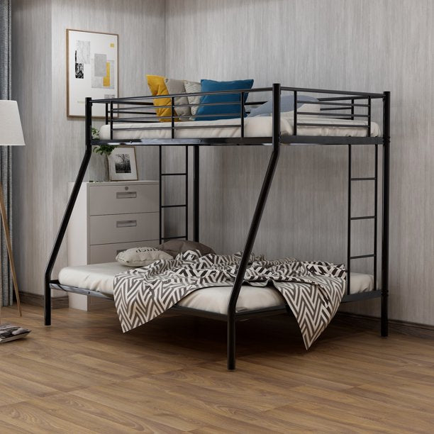 SESSLIFE Bunk Bed Twin Over Full, Sturdy Metal Bed Frame with Flat Ladder and Guardrail for Adults/Children/Teens, Black