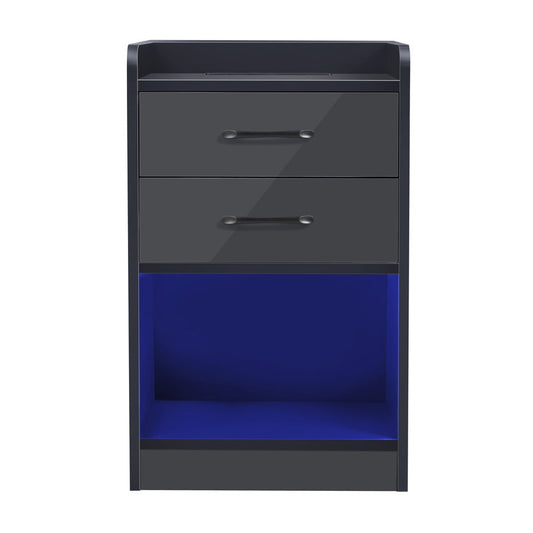 Dark Gray Nightstand for Bedroom with 2 Drawers and Shelf, Sesslife Modern Bedside Table with USB Charging Ports and Outlets, Wireless Charging, LED Light, Multifunctional Wood Side Table