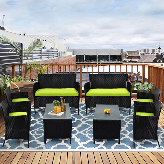 Sesslife Outdoor Furniture Set with Cushions, Patio Set Black PE Rattan Wicker Furniture Set, 8-People Patio Conversation Set with Glass Table for Porch Deck, 8 Pieces Sectional Dining Set