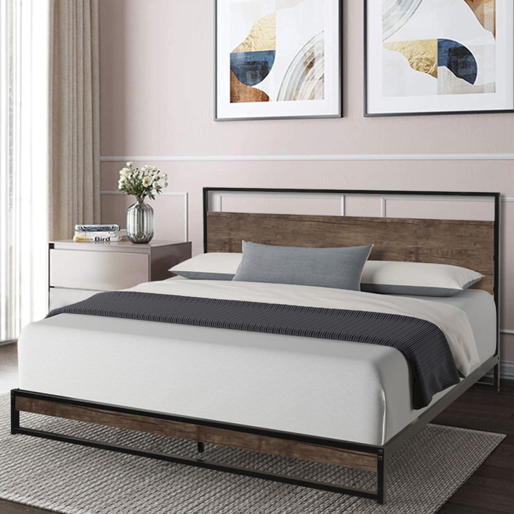 Black Industrial Metal Bed Frame, SESSLIFE Queen Bed Frame with Headboard, Platform Bed Frame No Box Spring Needed, X226