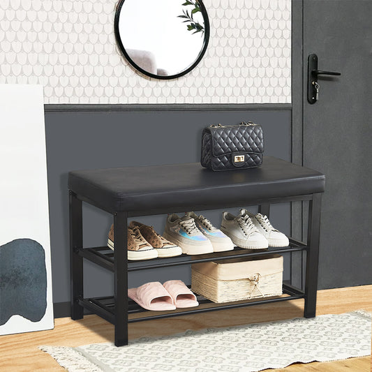 SESSLIFE Storage Bench with Cushioned Seating, 3 Tier Metal Entryway Bench with Faux Leather Seat, 220 LBS Capacity, Shoe Rack Bench for Entryway Bedroom Living Room, Black