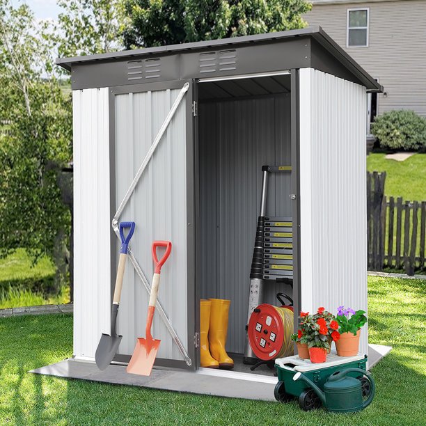 Sesslife Tool Storage Shed, 5 x 3 Ft Storage House with Vents, Galvanized Aluminum Garden Shed with Lockable Door, 69.7" Tall Verticle Outdoor Storage Shed for Patio Lawn Backyard, Gray, X3227