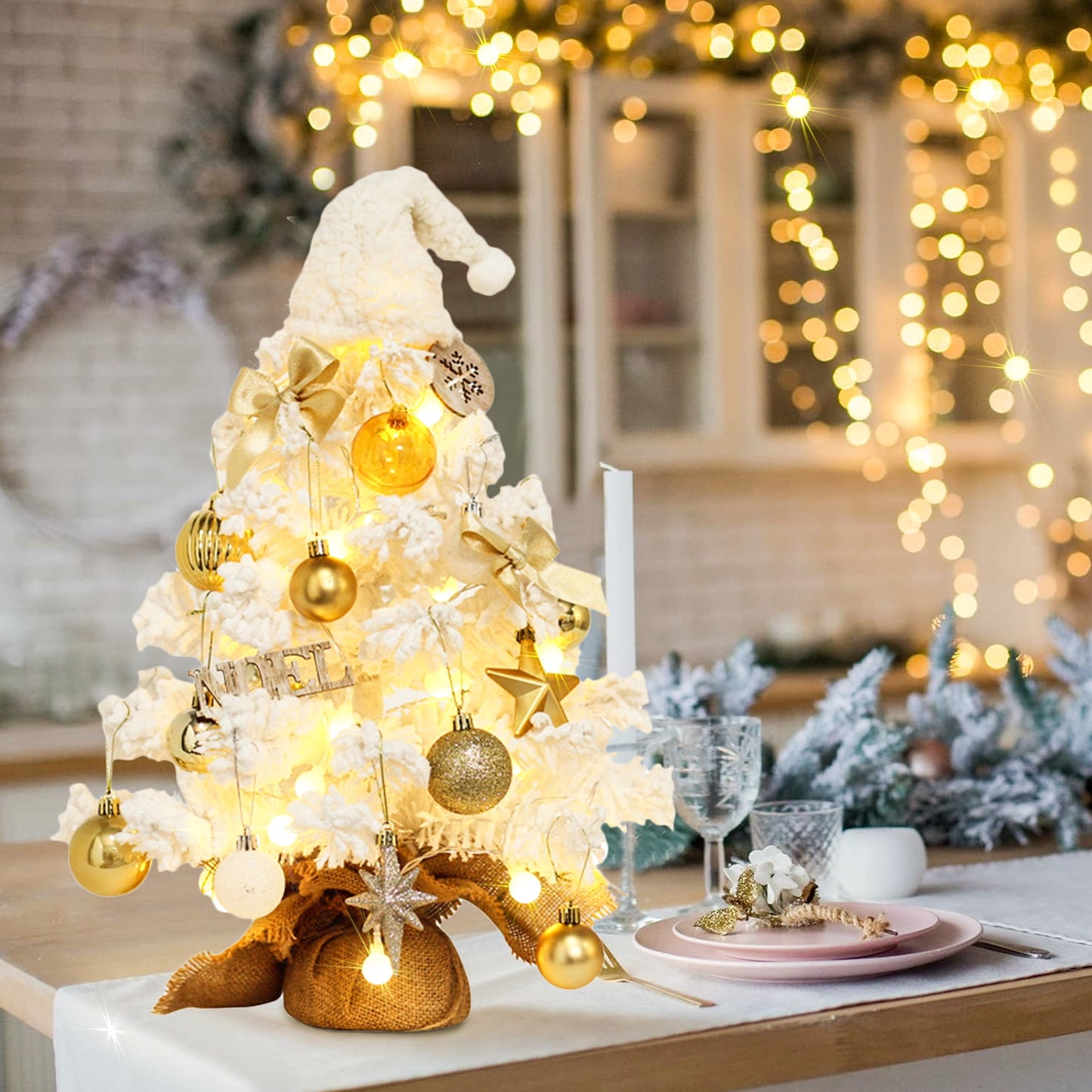 20 inch Christmas Tree with Lights, SESSLIFE Mini Flocked Tabletop Tree Christmas with Ornaments for Home Party Holiday New Year Christmas Decorations Indoor, Small Table Top Christmas Tree, White